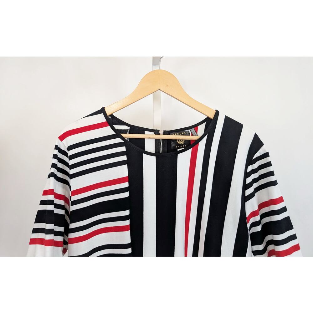 Vecceli Italy Top White Black Red Stripe Short Sleeve Misses Size L - Picture 2 of 5